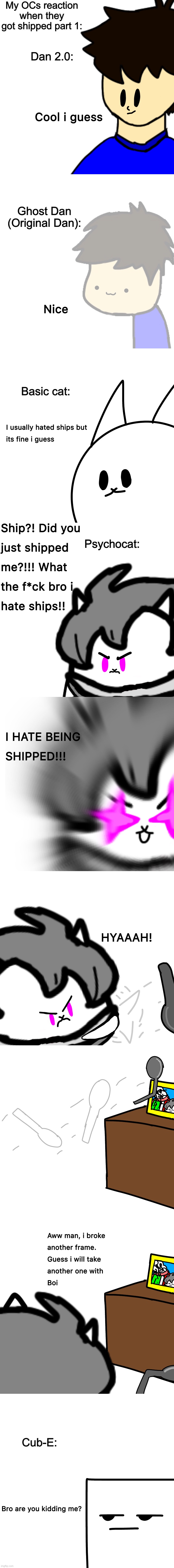 My OCs reaction when they got shipped part 1: | My OCs reaction when they got shipped part 1:; Dan 2.0:; Ghost Dan (Original Dan):; Basic cat:; Psychocat:; Cub-E: | image tagged in oc | made w/ Imgflip meme maker