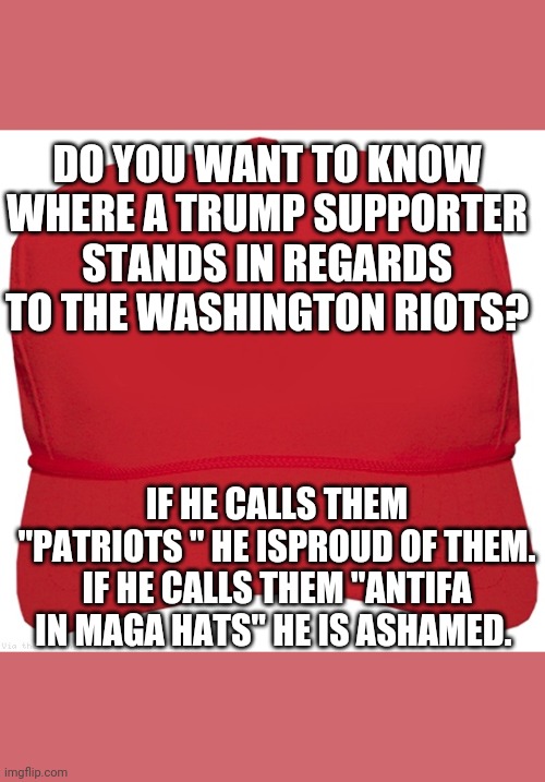 Trumpie  rioters | DO YOU WANT TO KNOW WHERE A TRUMP SUPPORTER STANDS IN REGARDS TO THE WASHINGTON RIOTS? IF HE CALLS THEM "PATRIOTS " HE ISPROUD OF THEM.
IF HE CALLS THEM "ANTIFA IN MAGA HATS" HE IS ASHAMED. | image tagged in donald trump,trump supporters,maga,conservatives,nevertrump,election 2020 | made w/ Imgflip meme maker