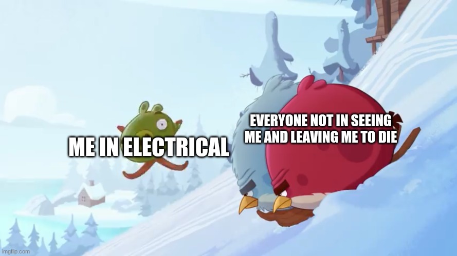 Terrance and Tony not looking at a pig | EVERYONE NOT IN SEEING ME AND LEAVING ME TO DIE; ME IN ELECTRICAL | image tagged in terrance and tony not looking at a pig | made w/ Imgflip meme maker