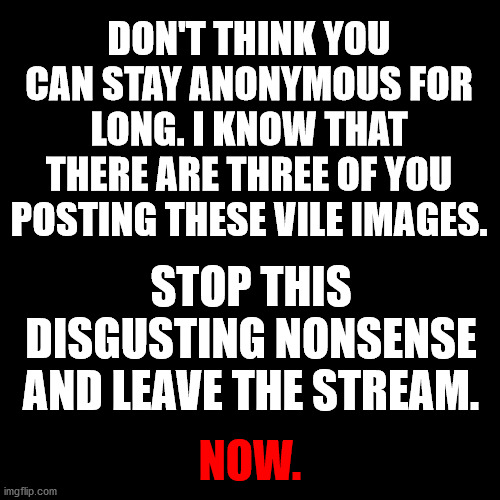 You're making me angry. You wouldn't like me when I'm angry. | DON'T THINK YOU CAN STAY ANONYMOUS FOR LONG. I KNOW THAT THERE ARE THREE OF YOU POSTING THESE VILE IMAGES. STOP THIS DISGUSTING NONSENSE AND LEAVE THE STREAM. NOW. | made w/ Imgflip meme maker