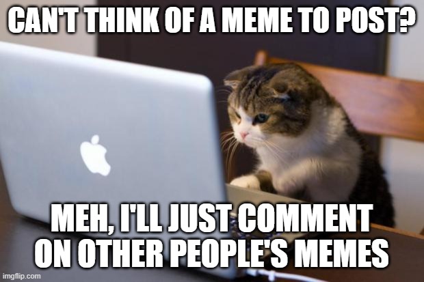 When you don't have any ideas for memes | CAN'T THINK OF A MEME TO POST? MEH, I'LL JUST COMMENT ON OTHER PEOPLE'S MEMES | image tagged in cat using computer | made w/ Imgflip meme maker