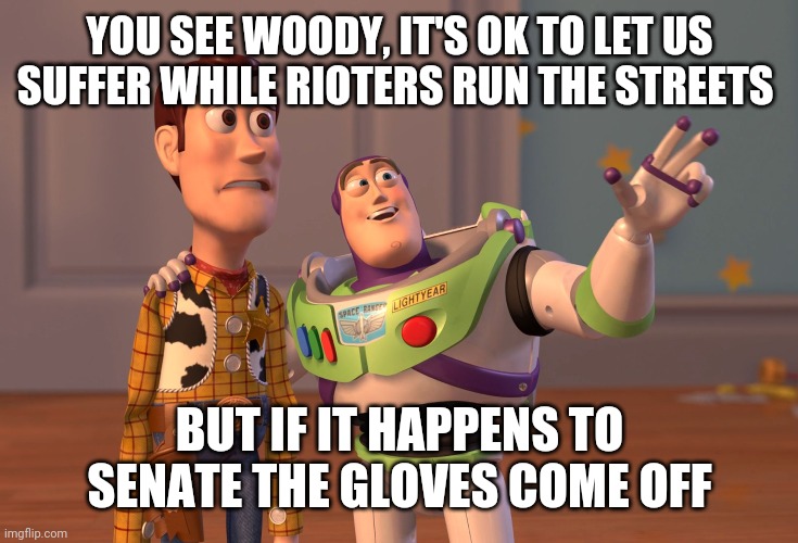 Politics and stuff | YOU SEE WOODY, IT'S OK TO LET US SUFFER WHILE RIOTERS RUN THE STREETS; BUT IF IT HAPPENS TO SENATE THE GLOVES COME OFF | image tagged in memes,x x everywhere | made w/ Imgflip meme maker