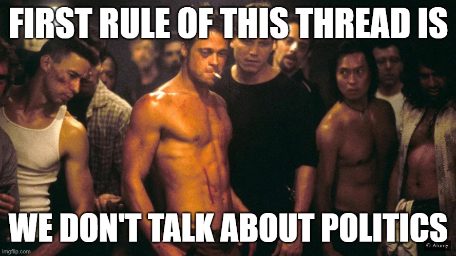 First Rule of this thread We don't talk about politics | FIRST RULE OF THIS THREAD IS; WE DON'T TALK ABOUT POLITICS | image tagged in first rule of fight club,fight club,first rule,politics,no politics,we don't talk | made w/ Imgflip meme maker