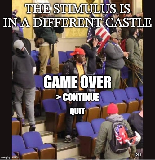 A mole in Congress | THE STIMULUS IS IN A DIFFERENT CASTLE; GAME OVER; > CONTINUE; QUIT; DH | image tagged in college liberal | made w/ Imgflip meme maker