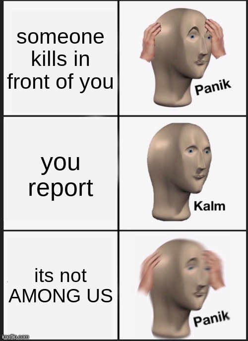 hehehe | someone kills in front of you; you report; its not AMONG US | image tagged in memes,panik kalm panik | made w/ Imgflip meme maker