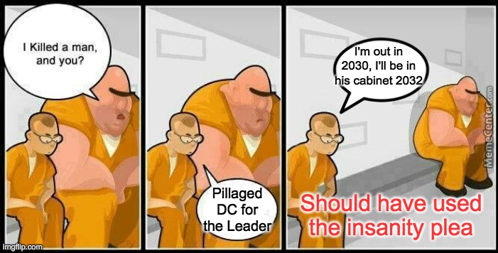prisoners blank | Should have used the insanity plea Pillaged DC for the Leader I'm out in 2030, I'll be in his cabinet 2032 | image tagged in prisoners blank | made w/ Imgflip meme maker