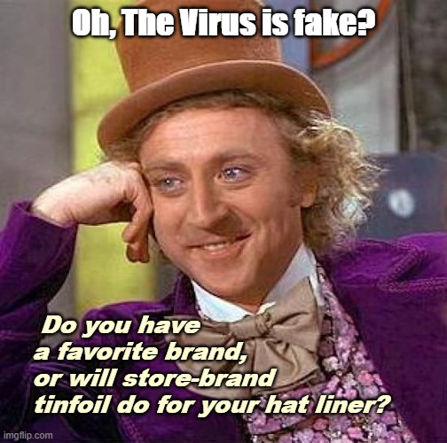 Virus Hoax? | Oh, The Virus is fake? Do you have a favorite brand, 
or will store-brand 
tinfoil do for your hat liner? | image tagged in memes,creepy condescending wonka | made w/ Imgflip meme maker