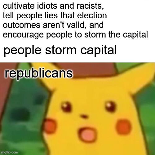 Surprised Pikachu Meme | cultivate idiots and racists, tell people lies that election outcomes aren't valid, and encourage people to storm the capital; people storm capital; republicans | image tagged in memes,surprised pikachu | made w/ Imgflip meme maker