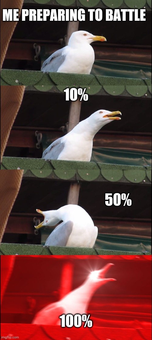 Inhaling Seagull Meme | ME PREPARING TO BATTLE; 10%; 50%; 100% | image tagged in memes,inhaling seagull | made w/ Imgflip meme maker