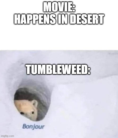 Cowboy movies. | MOVIE: HAPPENS IN DESERT; TUMBLEWEED: | image tagged in bonjour | made w/ Imgflip meme maker