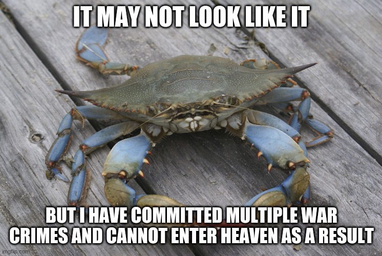 Including the crab version of the Holocaust | IT MAY NOT LOOK LIKE IT; BUT I HAVE COMMITTED MULTIPLE WAR CRIMES AND CANNOT ENTER HEAVEN AS A RESULT | image tagged in blue crab | made w/ Imgflip meme maker
