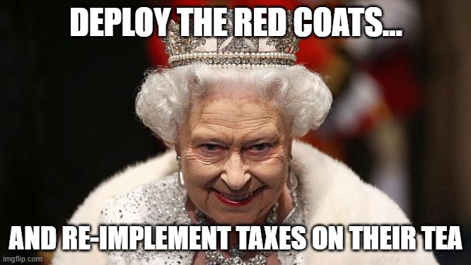 The real mastermind behind the storming of the Capitol Building | DEPLOY THE RED COATS... AND RE-IMPLEMENT TAXES ON THEIR TEA | image tagged in the queen | made w/ Imgflip meme maker