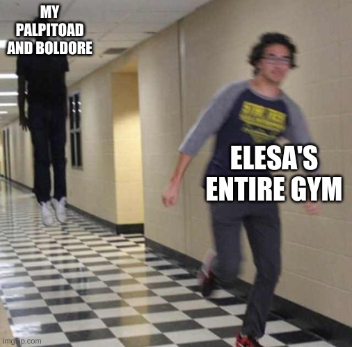 Haha | MY PALPITOAD AND BOLDORE; ELESA'S ENTIRE GYM | image tagged in floating boy chasing running boy | made w/ Imgflip meme maker