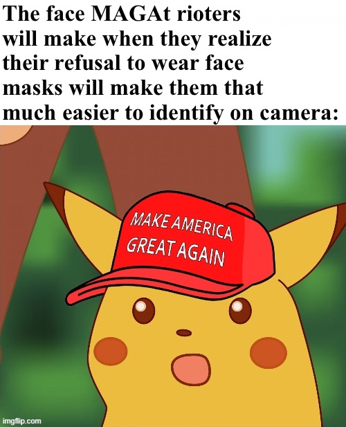 This is how you know the crowd wasn’t infiltrated by ANTIFA. They mask up their whole faces! These MAGAts are amateurs! Sad! | The face MAGAt rioters will make when they realize their refusal to wear face masks will make them that much easier to identify on camera: | image tagged in maga surprised pikachu hq,riots,maga,trump supporters,conservative logic,surprised pikachu | made w/ Imgflip meme maker