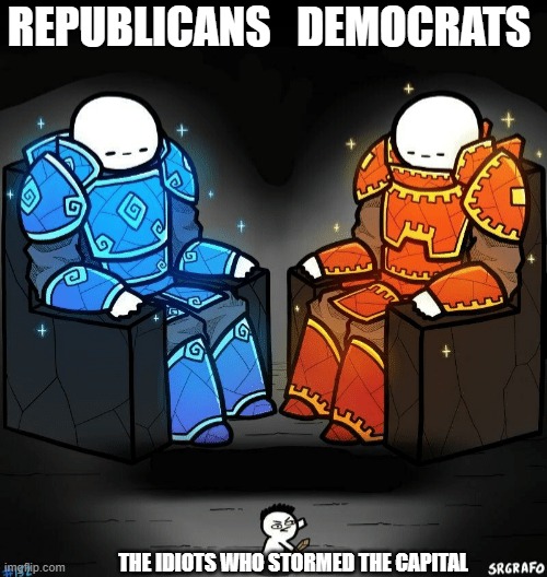 Extremists dont represent the whole party | REPUBLICANS   DEMOCRATS; THE IDIOTS WHO STORMED THE CAPITAL | image tagged in two giants looking at a small guy | made w/ Imgflip meme maker