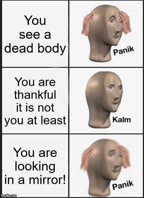 They went through the looking glass :O | You see a dead body; You are thankful it is not you at least; You are looking in a mirror! | image tagged in memes,panik kalm panik,dead,body,death,doom | made w/ Imgflip meme maker