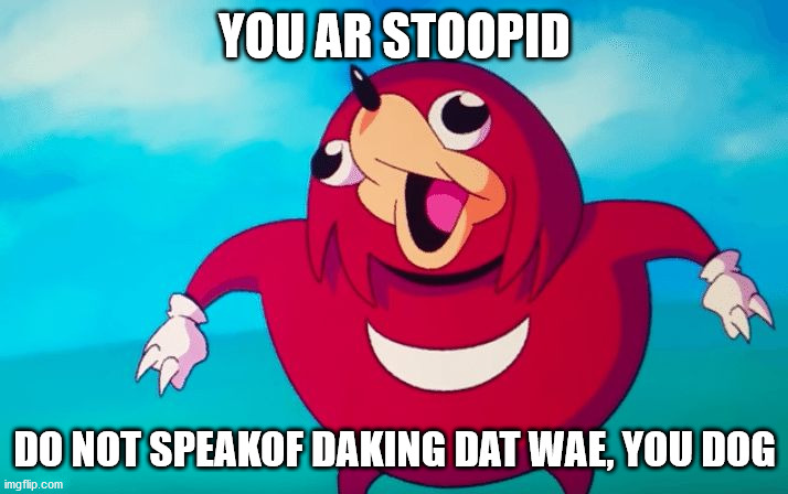 Ugandan Knuckles | YOU AR STOOPID DO NOT SPEAKOF DAKING DAT WAE, YOU DOG | image tagged in ugandan knuckles | made w/ Imgflip meme maker