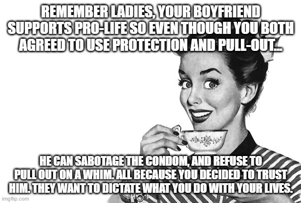 1950s Housewife | REMEMBER LADIES, YOUR BOYFRIEND SUPPORTS PRO-LIFE SO EVEN THOUGH YOU BOTH AGREED TO USE PROTECTION AND PULL-OUT... HE CAN SABOTAGE THE CONDO | image tagged in 1950s housewife | made w/ Imgflip meme maker