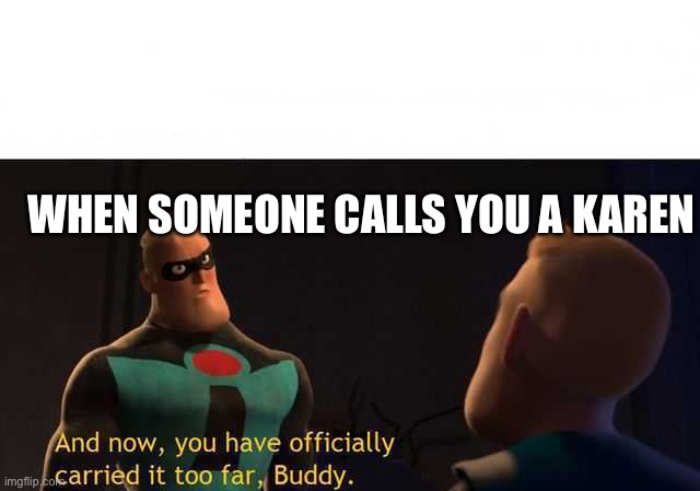 And now you have officially carried it too far buddy | WHEN SOMEONE CALLS YOU A KAREN | image tagged in and now you have officially carried it too far buddy | made w/ Imgflip meme maker