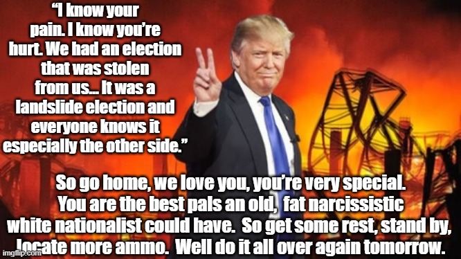 My loyal MAGA militiamen | “I know your pain. I know you’re hurt. We had an election that was stolen from us… It was a landslide election and everyone knows it especially the other side.”; So go home, we love you, you’re very special. You are the best pals an old,  fat narcissistic white nationalist could have.  So get some rest, stand by, 
locate more ammo.  Well do it all over again tomorrow. | image tagged in militia,donald trump,donald trump approves,nevertrump,presidential alert | made w/ Imgflip meme maker