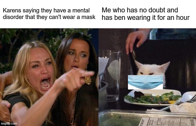 Woman Yelling At Cat | Karens saying they have a mental disorder that they can't wear a mask; Me who has no doubt and has ben wearing it for an hour | image tagged in memes,woman yelling at cat | made w/ Imgflip meme maker