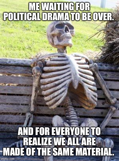 Waiting on humanity | ME WAITING FOR POLITICAL DRAMA TO BE OVER. AND FOR EVERYONE TO REALIZE WE ALL ARE MADE OF THE SAME MATERIAL. | image tagged in memes,waiting skeleton | made w/ Imgflip meme maker