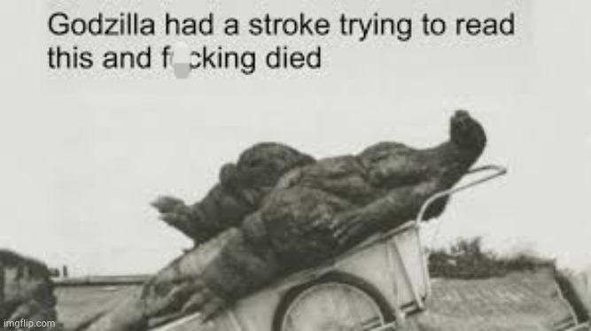 Godzilla had a stroke trying to read this and f**king died | image tagged in godzilla had a stroke trying to read this and f king died | made w/ Imgflip meme maker