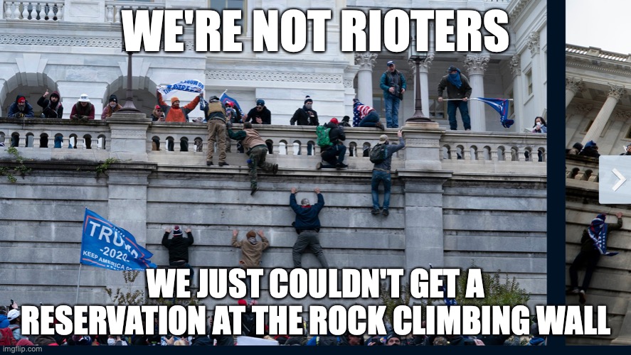 Capital Riots | WE'RE NOT RIOTERS; WE JUST COULDN'T GET A RESERVATION AT THE ROCK CLIMBING WALL | image tagged in protesters | made w/ Imgflip meme maker