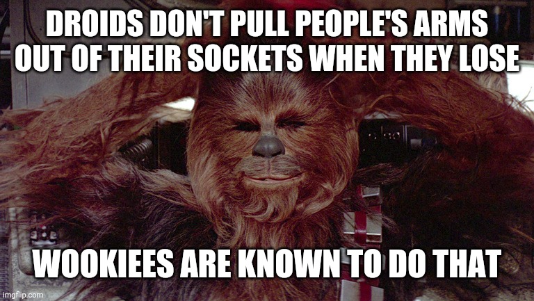 Chewbacca relaxed  | DROIDS DON'T PULL PEOPLE'S ARMS OUT OF THEIR SOCKETS WHEN THEY LOSE; WOOKIEES ARE KNOWN TO DO THAT | image tagged in chewbacca relaxed | made w/ Imgflip meme maker