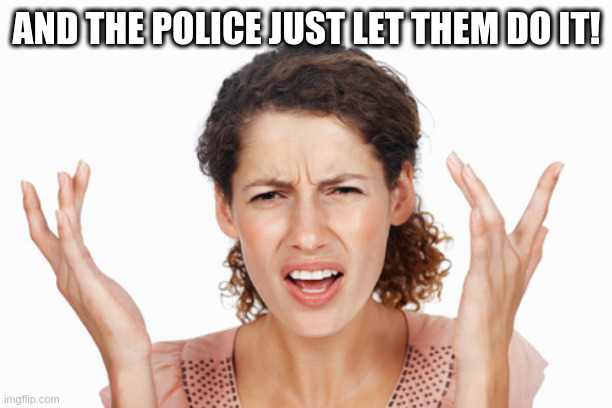 Indignant | AND THE POLICE JUST LET THEM DO IT! | image tagged in indignant | made w/ Imgflip meme maker
