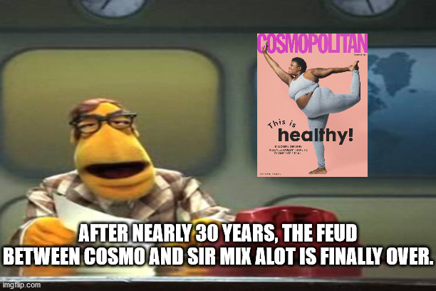 baby got back - cosmopolitan (again) | AFTER NEARLY 30 YEARS, THE FEUD BETWEEN COSMO AND SIR MIX ALOT IS FINALLY OVER. | image tagged in sir mix alot,cosmopolitan | made w/ Imgflip meme maker