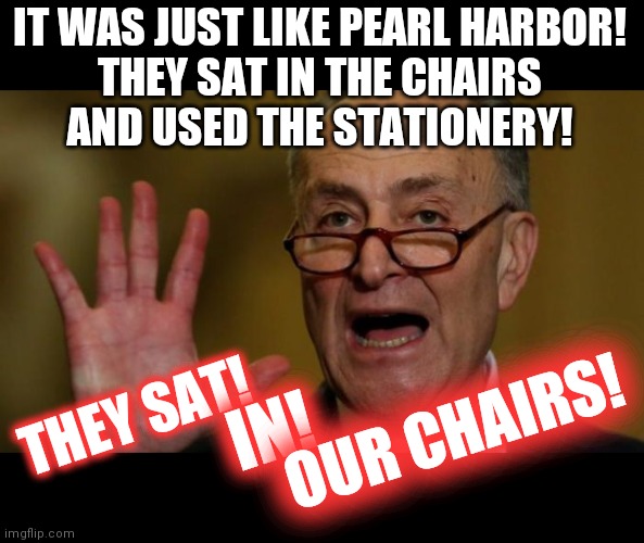such a dark day in history... | IT WAS JUST LIKE PEARL HARBOR!
THEY SAT IN THE CHAIRS
AND USED THE STATIONERY! IN! OUR CHAIRS! THEY SAT! | image tagged in chuck schumer | made w/ Imgflip meme maker