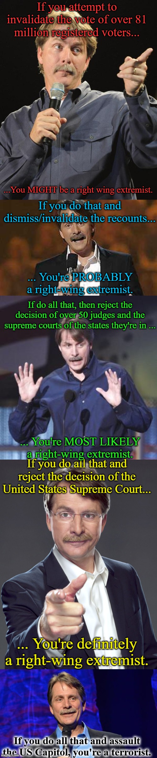 I mean, at what point would you accept reality? | If you attempt to invalidate the vote of over 81 million registered voters... ...You MIGHT be a right wing extremist. If you do that and dismiss/invalidate the recounts... ... You're PROBABLY a right-wing extremist. If do all that, then reject the decision of over 50 judges and the supreme courts of the states they're in ... ... You're MOST LIKELY a right-wing extremist. If you do all that and reject the decision of the United States Supreme Court... ... You're definitely a right-wing extremist. If you do all that and assault the US Capitol, you're a terrorist. | image tagged in jeff foxworthy,jeff foxworthy you might be a redneck,jeff foxworthy pointing | made w/ Imgflip meme maker