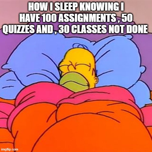 Homer Simpson Sleeping Happy | HOW I SLEEP KNOWING I HAVE 100 ASSIGNMENTS , 50 QUIZZES AND , 30 CLASSES NOT DONE | image tagged in homer simpson sleeping happy | made w/ Imgflip meme maker