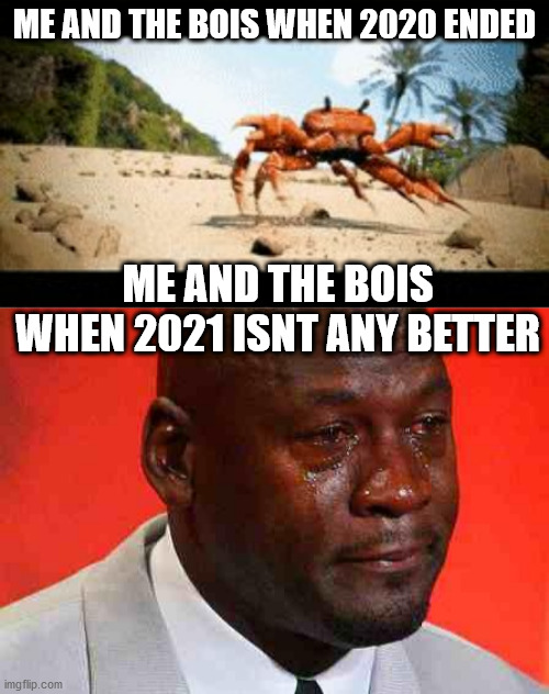 ME AND THE BOIS WHEN 2020 ENDED; ME AND THE BOIS WHEN 2021 ISNT ANY BETTER | image tagged in crab rave gif,crying michael jordan | made w/ Imgflip meme maker
