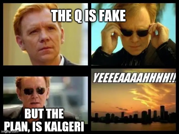 CSI | THE Q IS FAKE; BUT THE PLAN, IS KALGERI | image tagged in csi | made w/ Imgflip meme maker