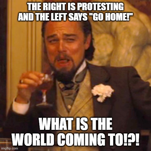 Protest | THE RIGHT IS PROTESTING AND THE LEFT SAYS "GO HOME!"; WHAT IS THE WORLD COMING TO!?! | image tagged in memes,laughing leo,riot,right,left,protest | made w/ Imgflip meme maker
