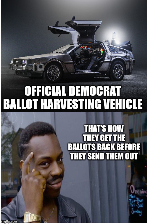 So that's how they did it | OFFICIAL DEMOCRAT BALLOT HARVESTING VEHICLE; THAT'S HOW THEY GET THE BALLOTS BACK BEFORE THEY SEND THEM OUT | image tagged in 2020 elections,trump,biden,voter fraud,back to the future | made w/ Imgflip meme maker