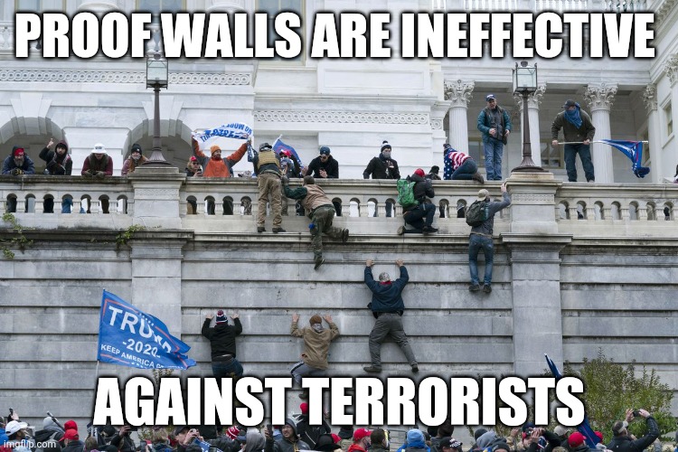 Mexico didn't pay for that | PROOF WALLS ARE INEFFECTIVE; AGAINST TERRORISTS | image tagged in maga,terrorists,capitol hill | made w/ Imgflip meme maker