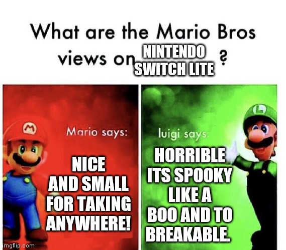 Mario Bros Views | NINTENDO SWITCH LITE; NICE AND SMALL FOR TAKING ANYWHERE! HORRIBLE ITS SPOOKY LIKE A BOO AND TO BREAKABLE. | image tagged in mario bros views | made w/ Imgflip meme maker