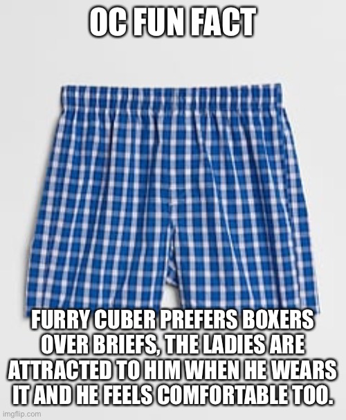 DH200 OC facts.. | OC FUN FACT; FURRY CUBER PREFERS BOXERS OVER BRIEFS, THE LADIES ARE ATTRACTED TO HIM WHEN HE WEARS IT AND HE FEELS COMFORTABLE TOO. | made w/ Imgflip meme maker