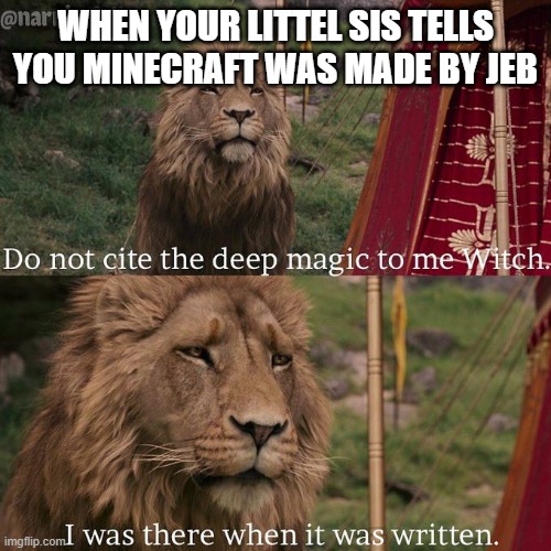 Do not cite the deep magic to me witch | WHEN YOUR LITTEL SIS TELLS YOU MINECRAFT WAS MADE BY JEB | image tagged in do not cite the deep magic to me witch | made w/ Imgflip meme maker