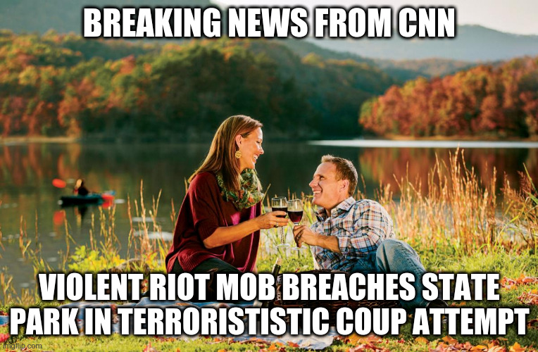 violent riot | BREAKING NEWS FROM CNN; VIOLENT RIOT MOB BREACHES STATE PARK IN TERRORISTISTIC COUP ATTEMPT | image tagged in stop the steal,trump,mainstream media,propaganda,protests,riots | made w/ Imgflip meme maker