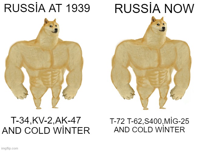 HOW | RUSSİA AT 1939; RUSSİA NOW; T-72 T-62,S400,MİG-25 AND COLD WİNTER; T-34,KV-2,AK-47 AND COLD WİNTER | image tagged in memes,buff doge vs cheems | made w/ Imgflip meme maker