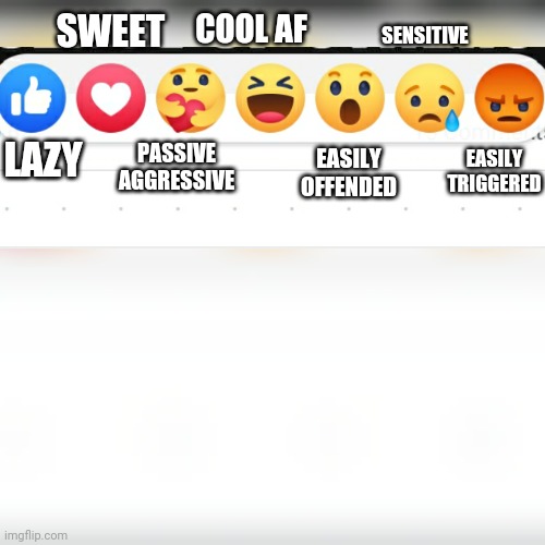 Facebook reactions explained | EASILY TRIGGERED; SWEET; SENSITIVE; COOL AF; PASSIVE AGGRESSIVE; LAZY; EASILY OFFENDED | image tagged in facebook reactions plus care,facebook,memes | made w/ Imgflip meme maker