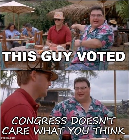 This Guy Voted; Congress doesn't care what you think | THIS GUY VOTED; CONGRESS DOESN'T CARE WHAT YOU THINK | image tagged in memes,see nobody cares | made w/ Imgflip meme maker