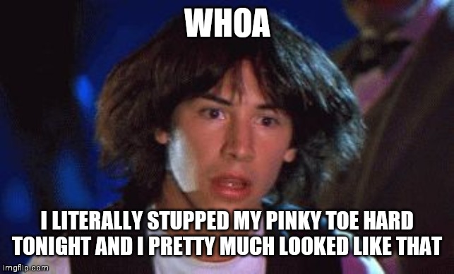 bill and ted | WHOA I LITERALLY STUPPED MY PINKY TOE HARD TONIGHT AND I PRETTY MUCH LOOKED LIKE THAT | image tagged in bill and ted | made w/ Imgflip meme maker