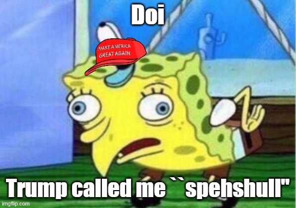 Trump tells supporters they are special. |  Doi; Trump called me ``spehshull'' | image tagged in memes,mocking spongebob | made w/ Imgflip meme maker
