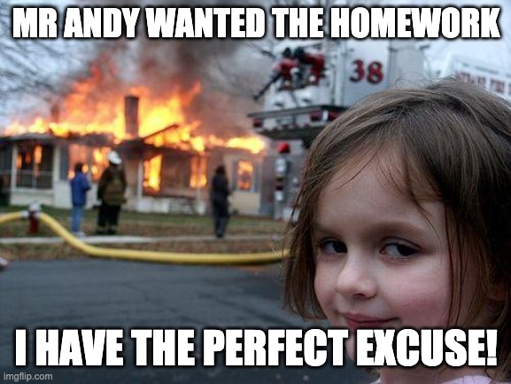Disaster Girl | MR ANDY WANTED THE HOMEWORK; I HAVE THE PERFECT EXCUSE! | image tagged in memes,disaster girl | made w/ Imgflip meme maker