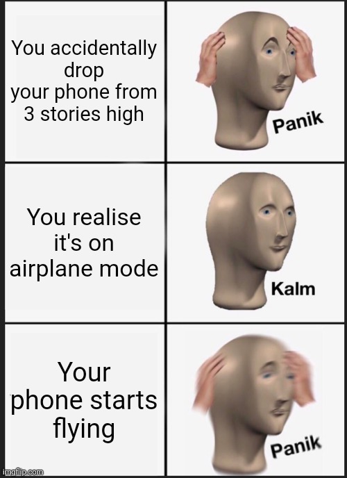 Phone can fly? | You accidentally drop your phone from 3 stories high; You realise it's on airplane mode; Your phone starts flying | image tagged in memes,panik kalm panik | made w/ Imgflip meme maker